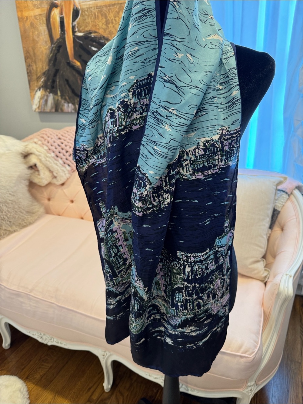 Talbots Venezia Blue and Navy Scenic Print Silk Scarf